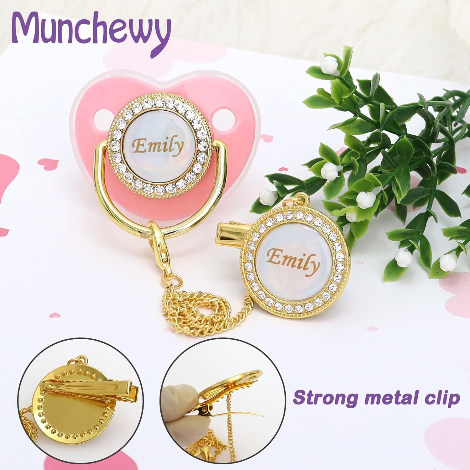 Munchewy Custom Baby Pacifier with Name and Clip for Newborns(White)