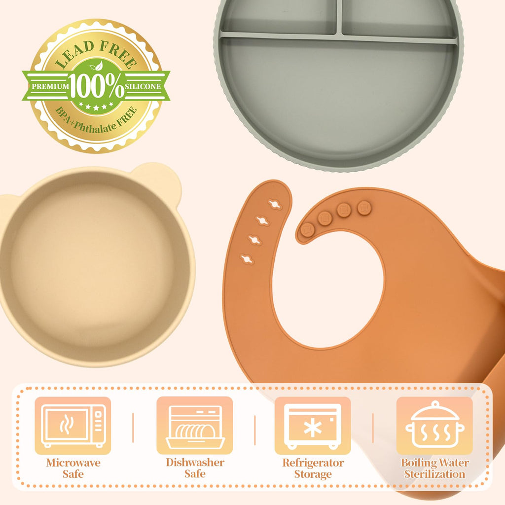 CHCC Silicone Baby Feeding Set 21 Pcs, Baby Led Weaning Supplies, Baby Feeding Supplies Set BPA Free, Essentials for Newborn Gift Walnut Color, Beige, Smoky Gray