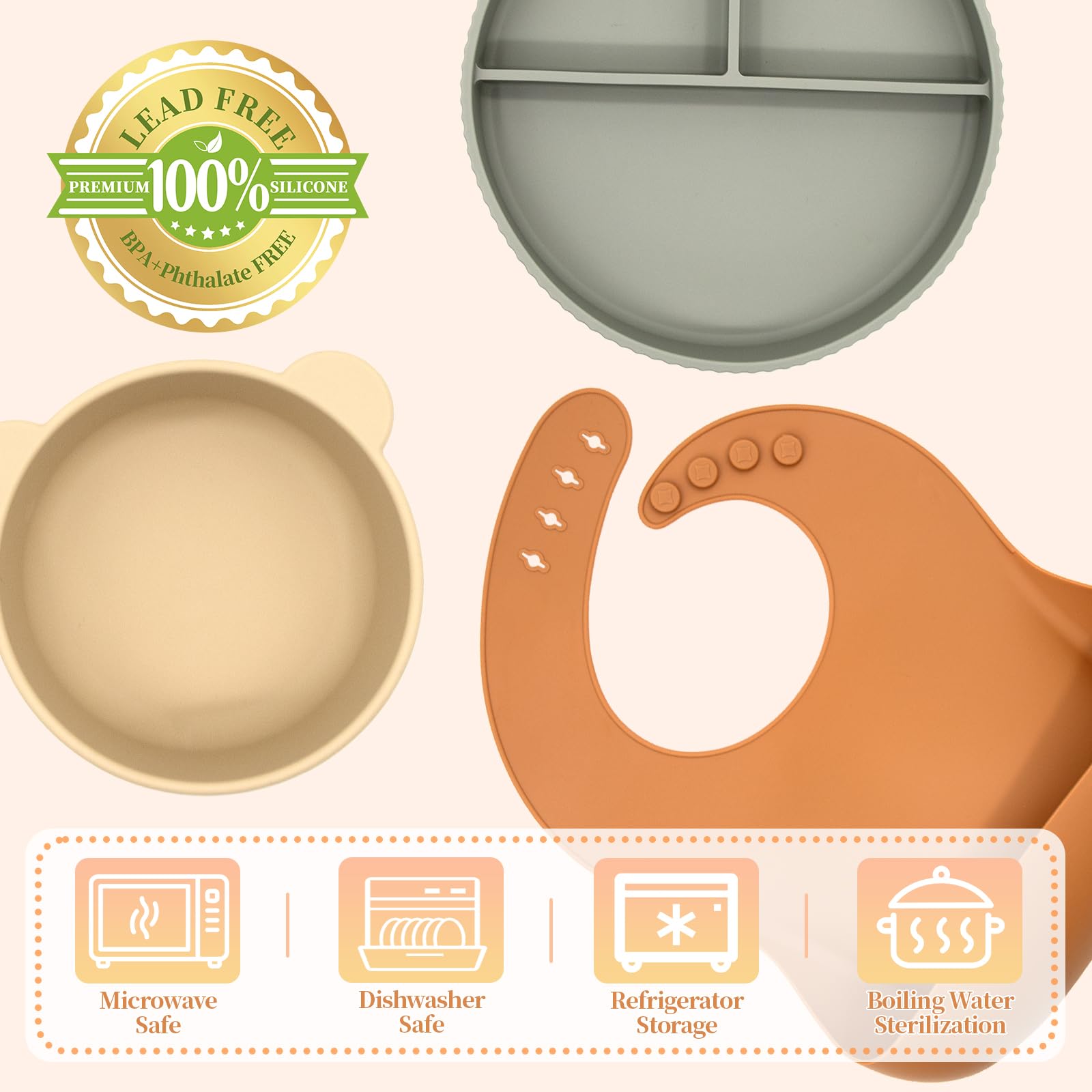 CHCC Silicone Baby Feeding Set 21 Pcs, Baby Led Weaning Supplies, Baby Feeding Supplies Set BPA Free, Essentials for Newborn Gift Walnut Color, Beige, Smoky Gray
