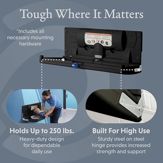 Foundations Classic Horizontal Wall-Mounted Baby Changing Station for Commercial Restrooms, Includes One Handed Adjustable Safety Strap & Liner Dispenser, Black (100-EH-02)