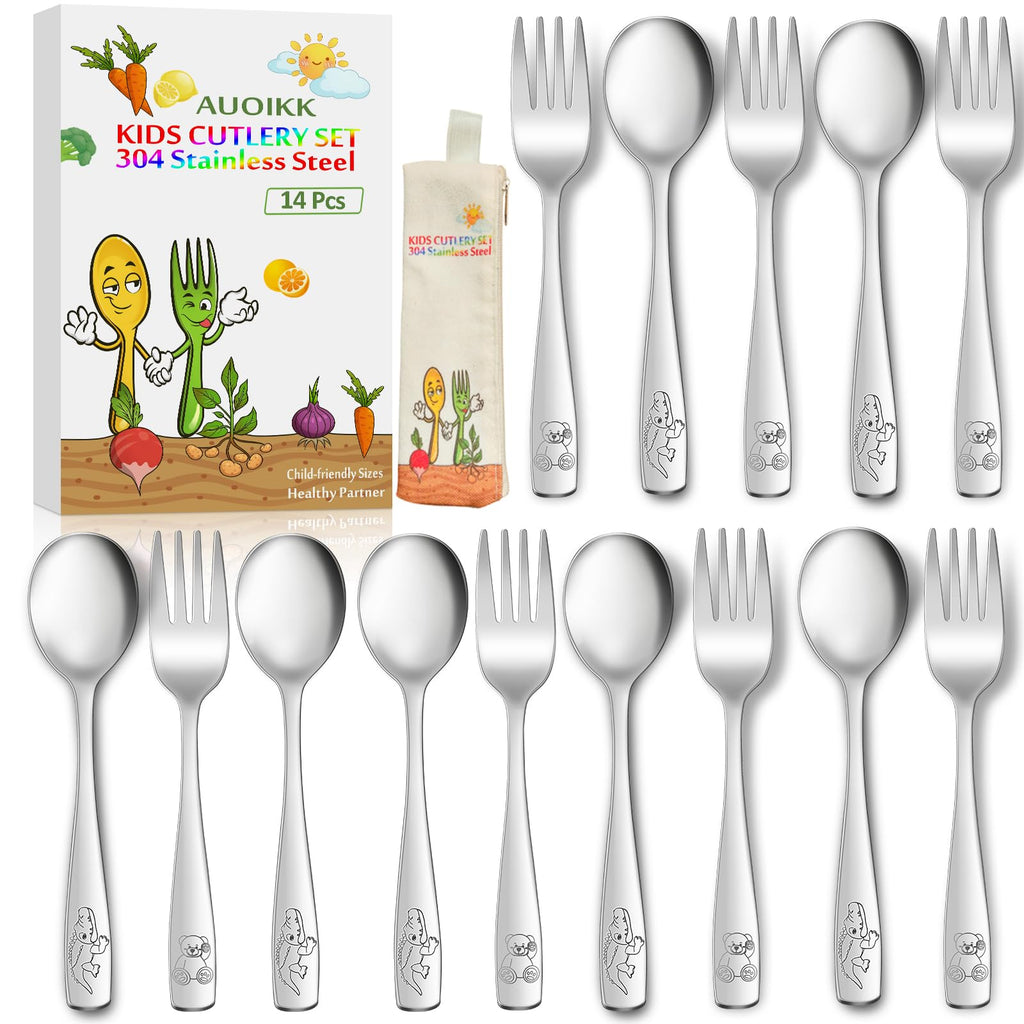 AUOIKK 14-Piece Toddler Flatware, Kids Utensils Stainless Steel Cutlery Set, Children Safe Spoons and Forks with Ergonomic Handle, Easy to use and Dishwasher Safe (Crocodile and Bear)