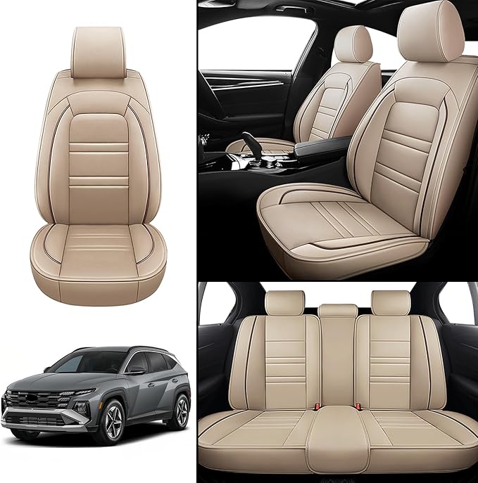Seat Covers for Hyundai Car Tucson 2005-2025 | 5-Seats Leather Seat Covers, Easy to Install Automotive Seat Covers Full Set (Full Set, Beige)