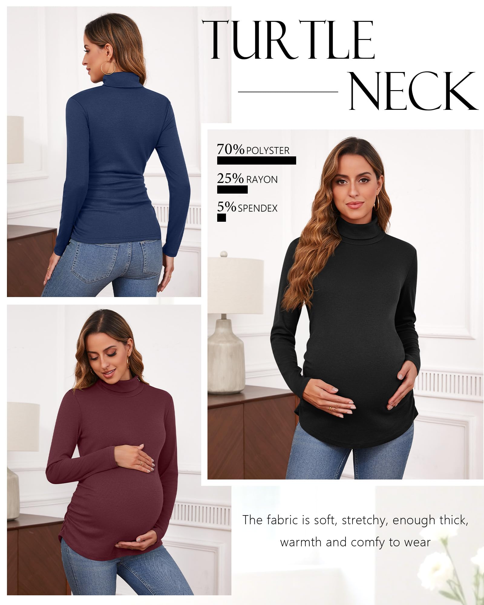 Ficerd 3 Pack Women's Maternity Shirts, Turtleneck Long Sleeve Pregnancy Tops Casual Side Ruched Maternity Tees Mama Clothes(Black, Navy Blue, Burgundy,Small)