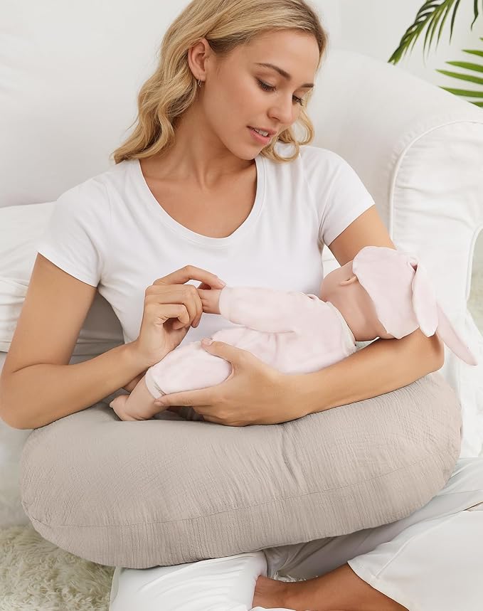 Nursing Pillow Covers 2 Pack, Muslin Nursing Cover for Breastfeeding Pillows, Comfortable for Baby Girls and Boys (Rabbit B & Beige)