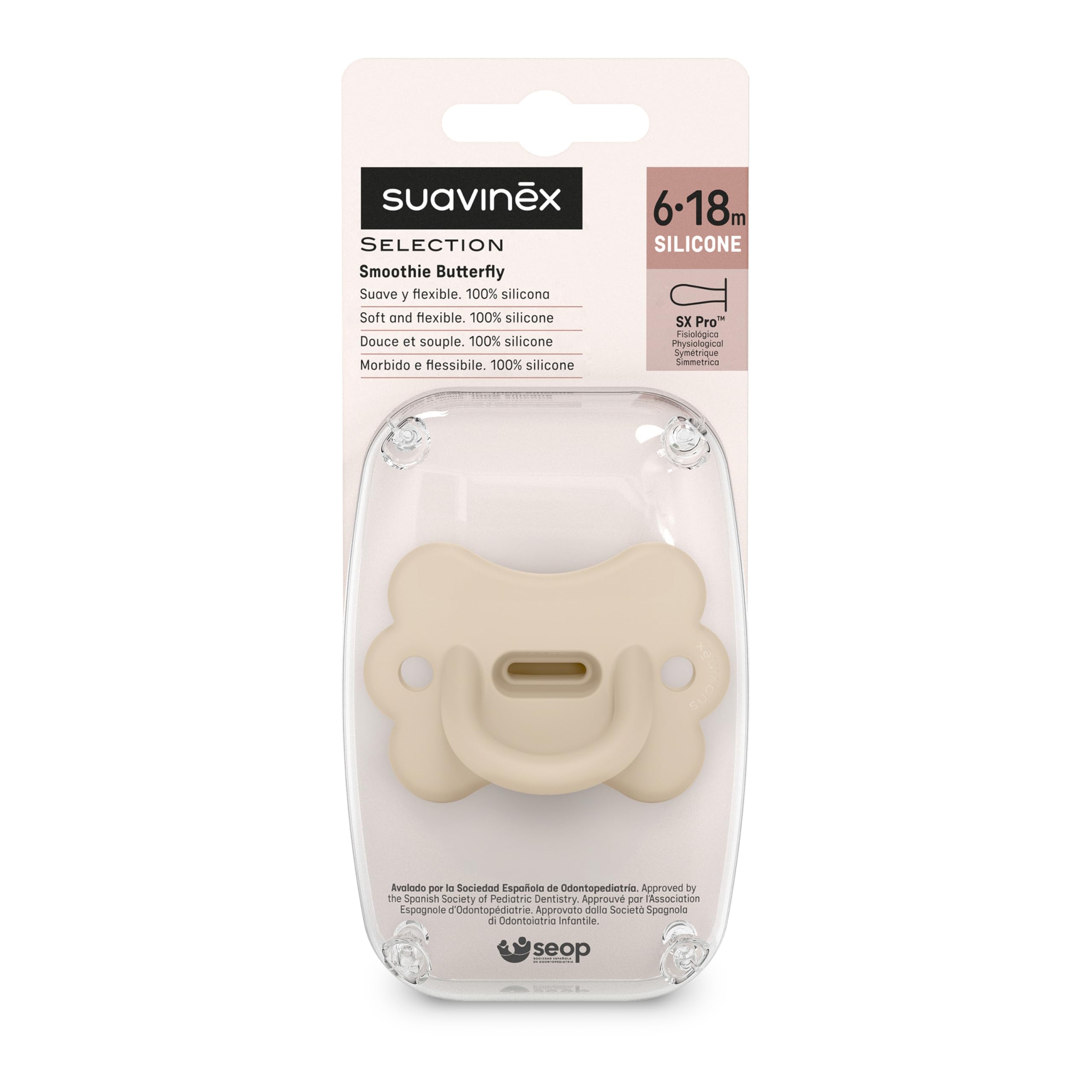 Color Essence SX PRO Silicone Butterfly Baby Pacifier 1Pk, Made with 100% Soft Silicone, Baby Essentials Perfect for Breastfeeding Babies, Designed in Spain, 6-18 Mths, Irish Cream