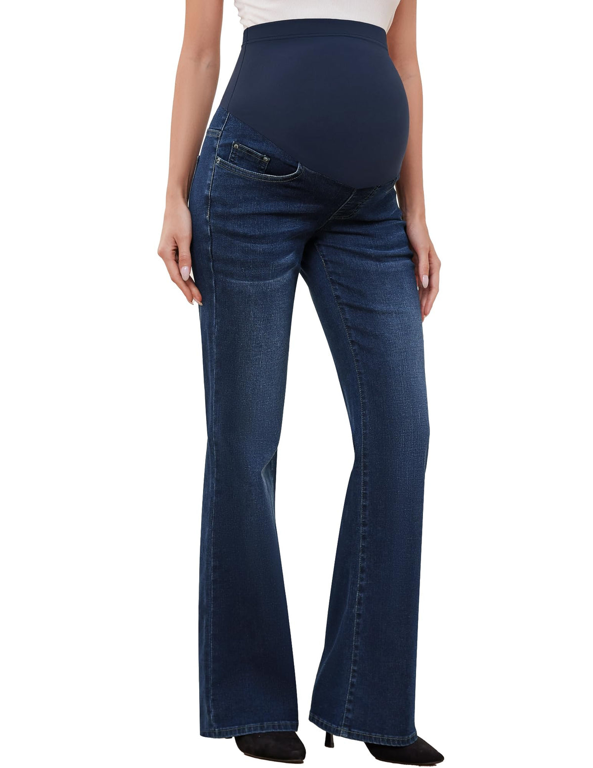 GLAMIX Women's Stretch Maternity Bootcut Jeans with Pockets Over The Belly Bell Bottoms Flare Denim Pants Pregnancy Clothes(Light Blue (Frayed Hem), M)
