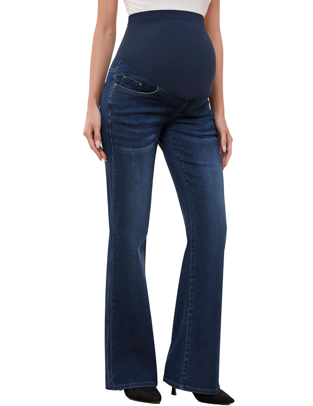 GLAMIX Women's Stretch Maternity Bootcut Jeans with Pockets Over The Belly Bell Bottoms Flare Denim Pants Pregnancy Clothes(Vintage Blue, M)