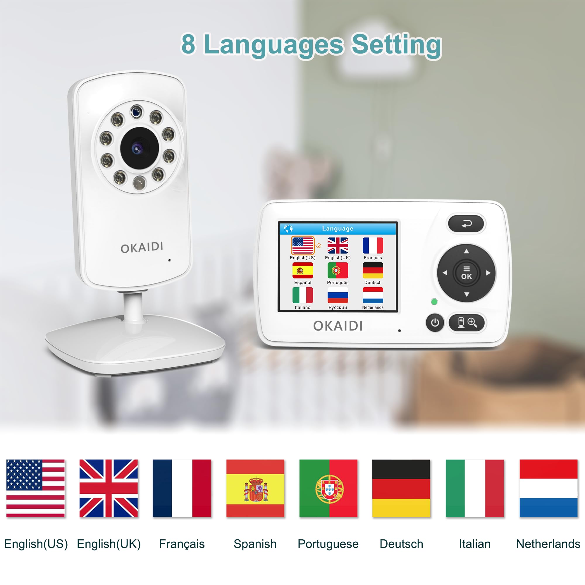 OKAIDI 2.4'' Portable Baby Monitor with 2 Cameras, Baby Monitor No WiFi