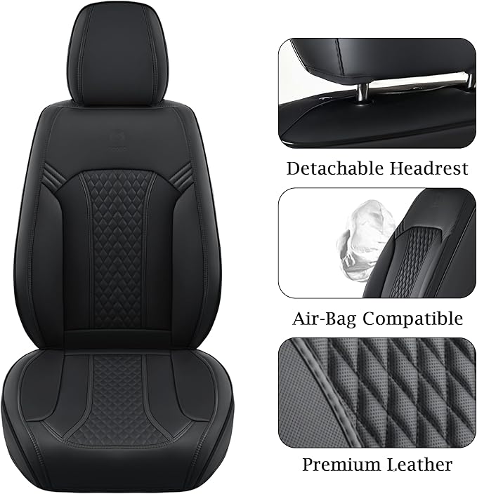 Doogo Seat Covers Full Set, Leather Car Seat Covers Luxury Waterproof Truck Seat Covers Driver Seat Cover Universal Fit Most Cars Trucks SUVs-Black