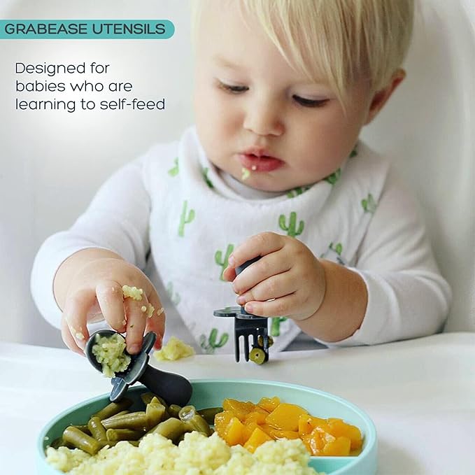 Grabease Baby Feeding Utensils Set - Infant and Baby Fork and Spoon for Ages 1-11 Months, BPAs and Phthalate-Free Cutlery, Plastic, 1 Set, White