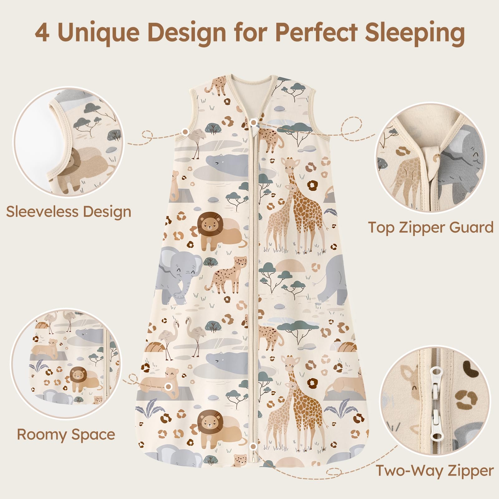 Unnivoll Baby Sleep Sack 18-24 Months 100% Cotton Lightweight 0.5 TOG Wearable Blanket Baby Sleep Bag with 2-Way Zipper for Infant Toddler Apricot Elephant