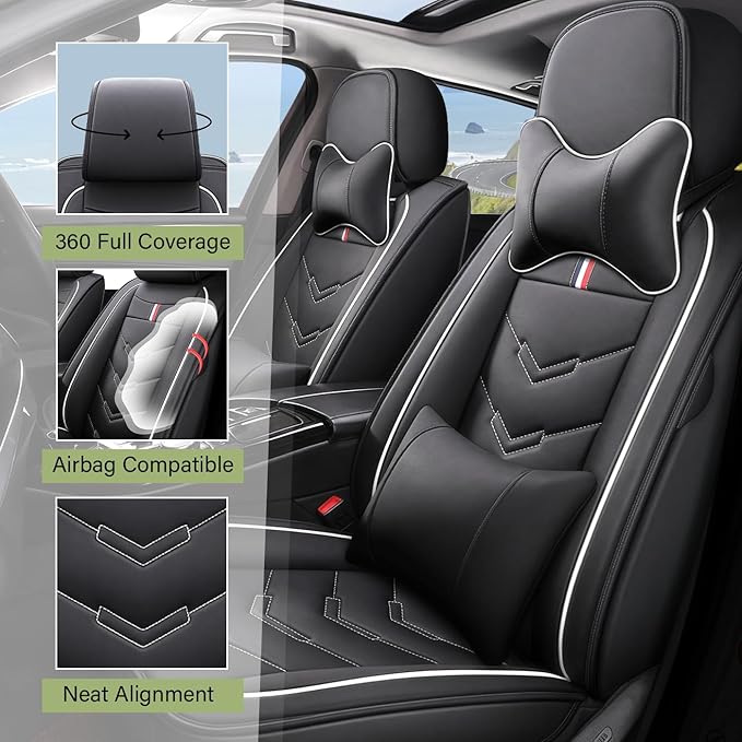 Leather Car Seat Covers Fit for LR Range Rover Sport 2023-2025, 5 Seater Waterproof and Wear-Resistant Seat Cover Interior Accessories(Full Set with Pillow,Black&White)
