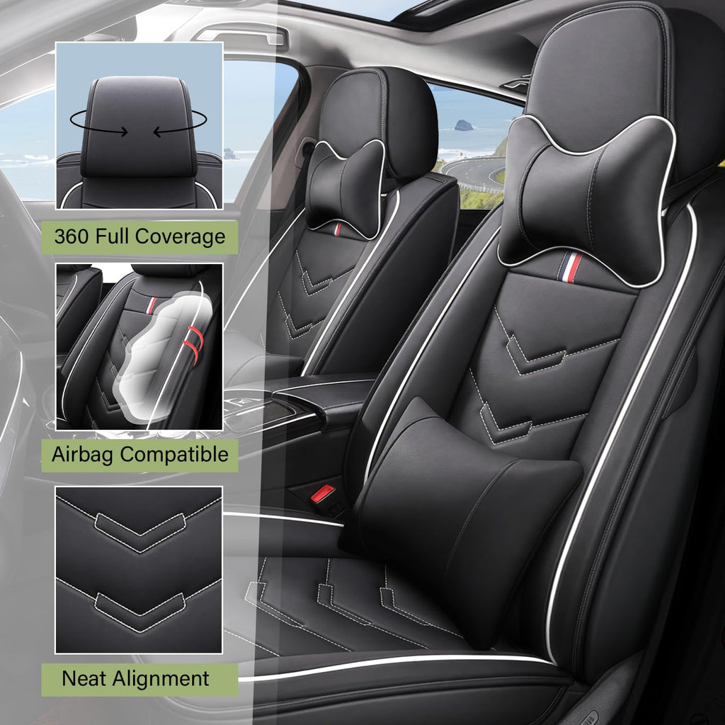TENDER GLOW Leather Car Seat Covers Fit for LR Range Rover 2022-2025, 5 Seater Waterproof and Wear-Resistant Seat Cover Interior Accessories(Full Set with Pillow,Black&White)