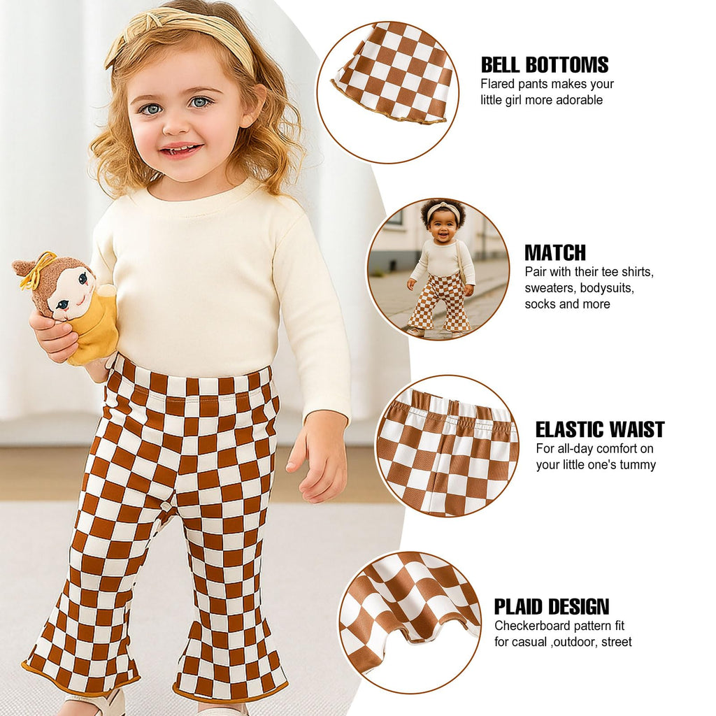 SOBOWO Checkered Baby Girl Flare Pants 3 Pack Toddler Bell Bottoms Plaid Ruffle Leggings Pants Fall Winter Outfits Size 6M-4T(18-24 Months, Brown&Pink Plaid/Brown/Caramel&White Plaid)