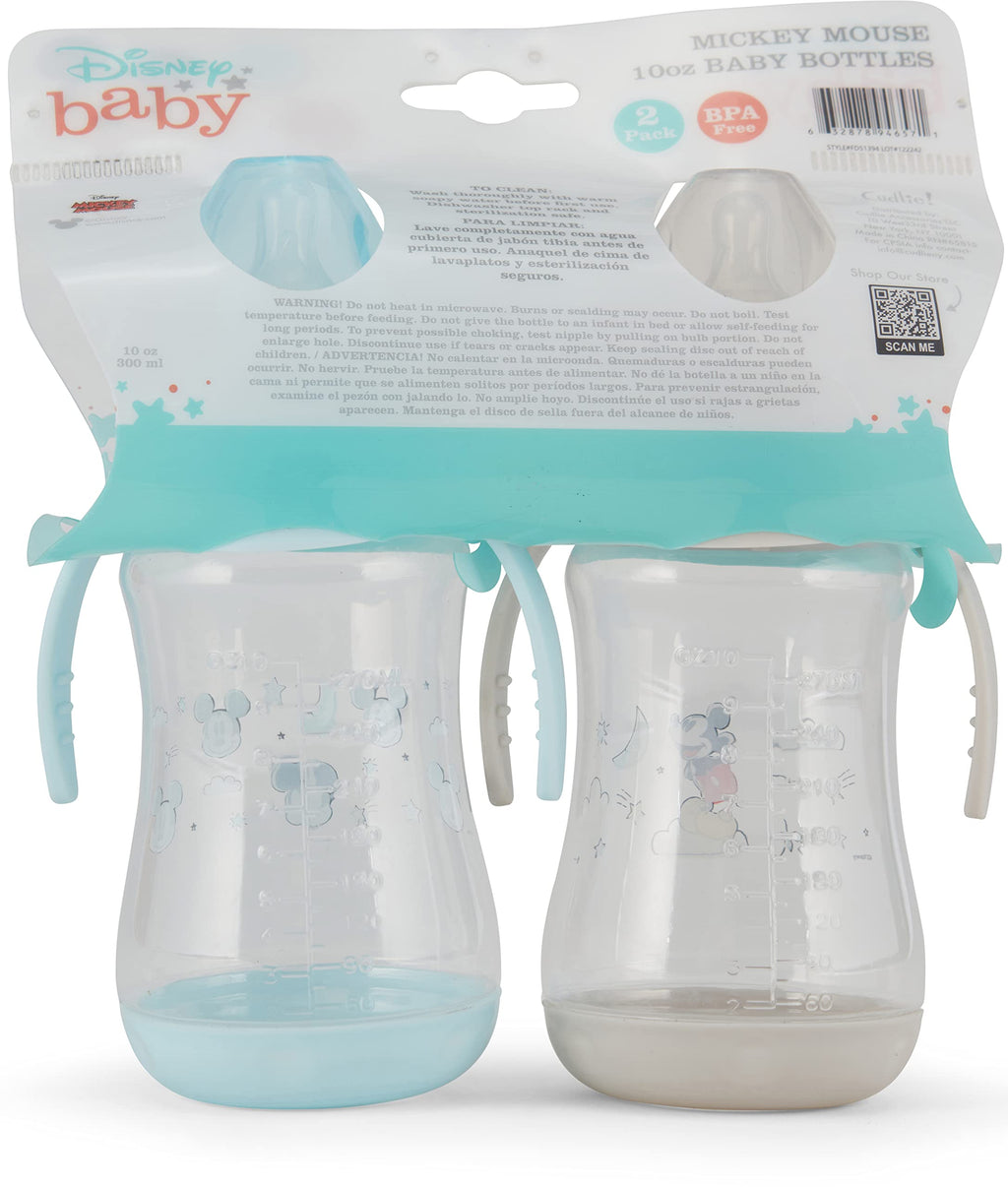 Disney 2 Pack 10 Ounce Baby Bottles with Character Prints and Colored Covers with Double Handle - BPA Free and Easy to Clean