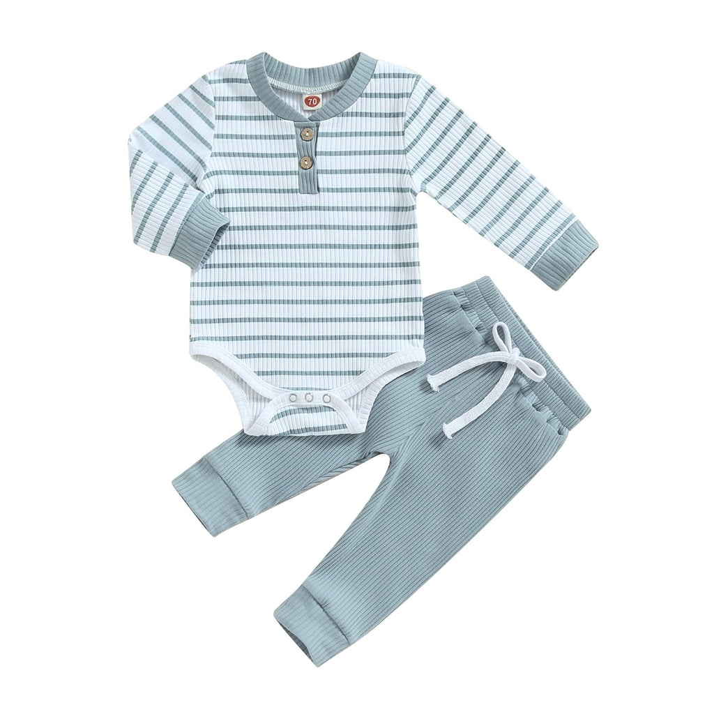 Newborn Baby Boy Girl Clothes Ribbed Knitted Long Sleeve Romper Pants Solid Cotton Infant Fall Winter Outfits 2Pcs (Striped Blue, 18-24 Months)