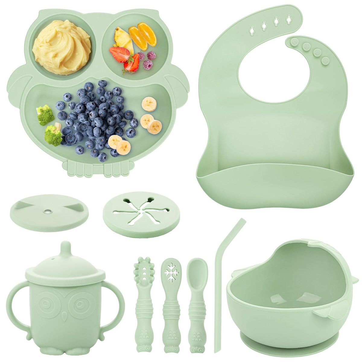 Bnditeu Baby Weaning Set - Silicone Toddler Feeding Set (10 Pcs) with Adjustable Bib, Suction Bowl, Plate, Fork, Spoon, Water & Snack Cup Kit - Baby Led Weaning Kit