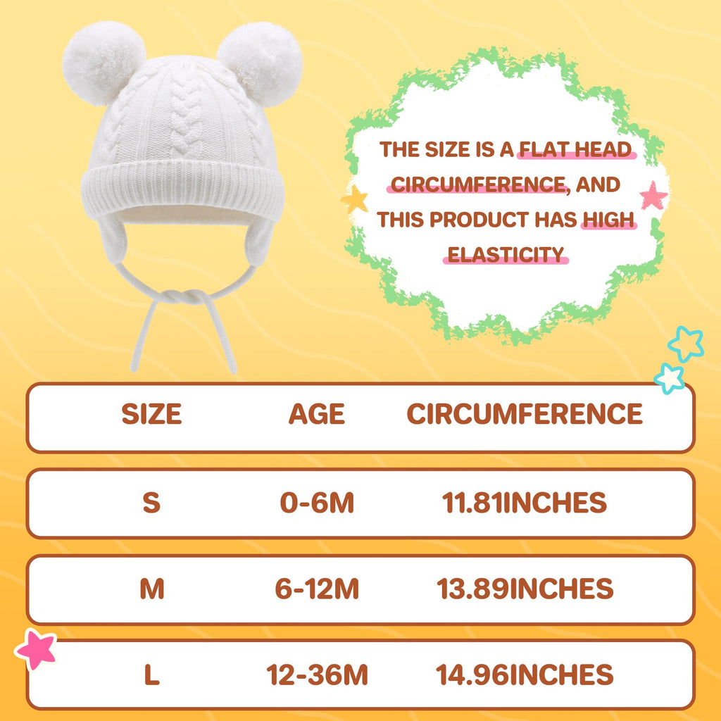 Duoyeree Toddler Winter Hat, Earflap Double Pom Pom Knit Beanie 0-36M
