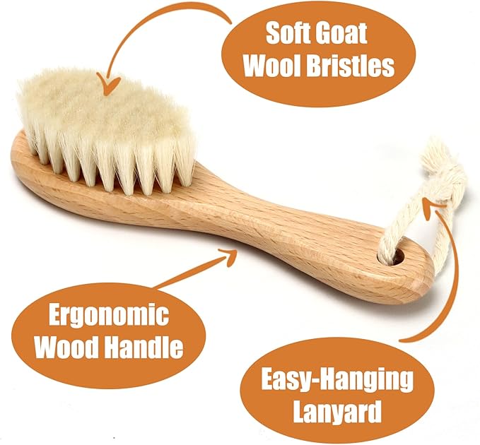 Wooden Soft Goat Bristles Brush with Baby Silicone Hair Scrubber Cradle Cap Brush for Newborns, Toddlers, Infant, Baby Hair Care Kit (Green)