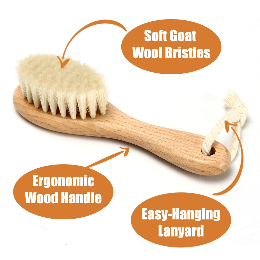 Wooden Baby Hair Brush and Comb Set, 2Pcs Natural Soft Goat Bristles Brush with Baby Shower Scrubber Perfect Scalp Grooming Product for Newborn, Toddler, Infant (Pink)