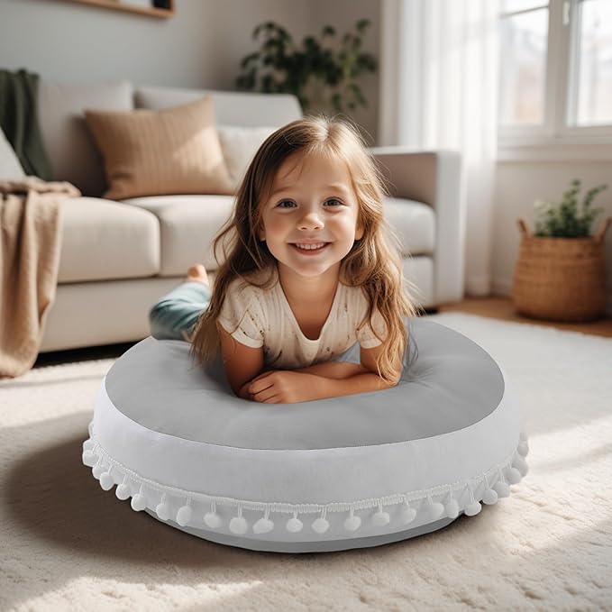 Large Floor Pillow Kids Round Floor Cushion Seating, 20 inches Big Circle Pillow, Round Floor Pillows Seating for Children, Oversized Mat for Reading Nook Teepee Playroom Nursery, Light Grey