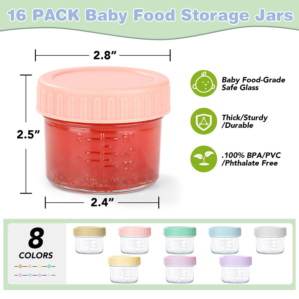 RowinsyDD 16 Pack Baby Food Containers, 4 oz Glass Baby Food Jars with Lids