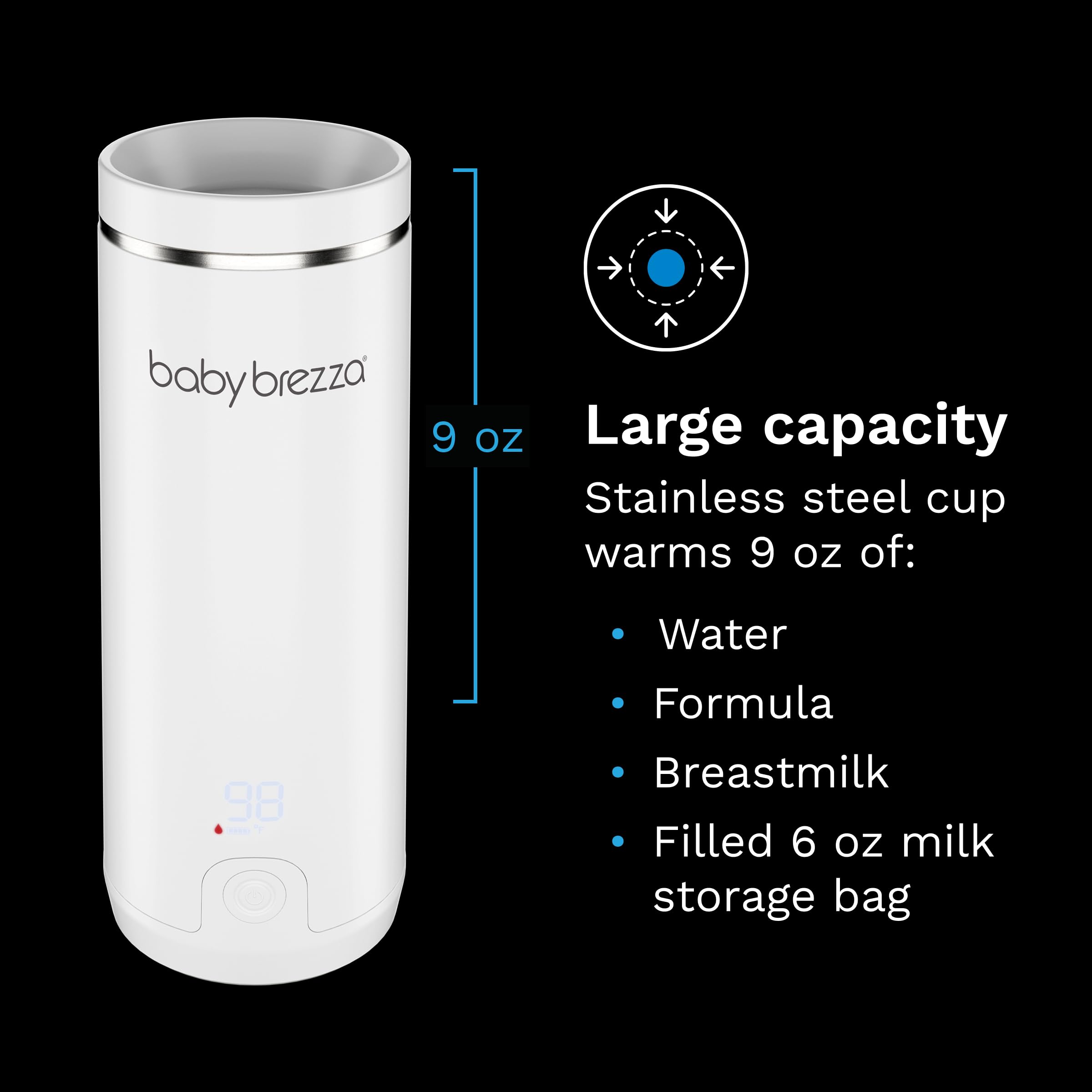 Baby Brezza Portable Warmer – 3X Faster Baby Bottle Warming - Travel Breastmilk and Formula Warmer - Safe, Even Heating - Up to 9oz - No Adapters, White