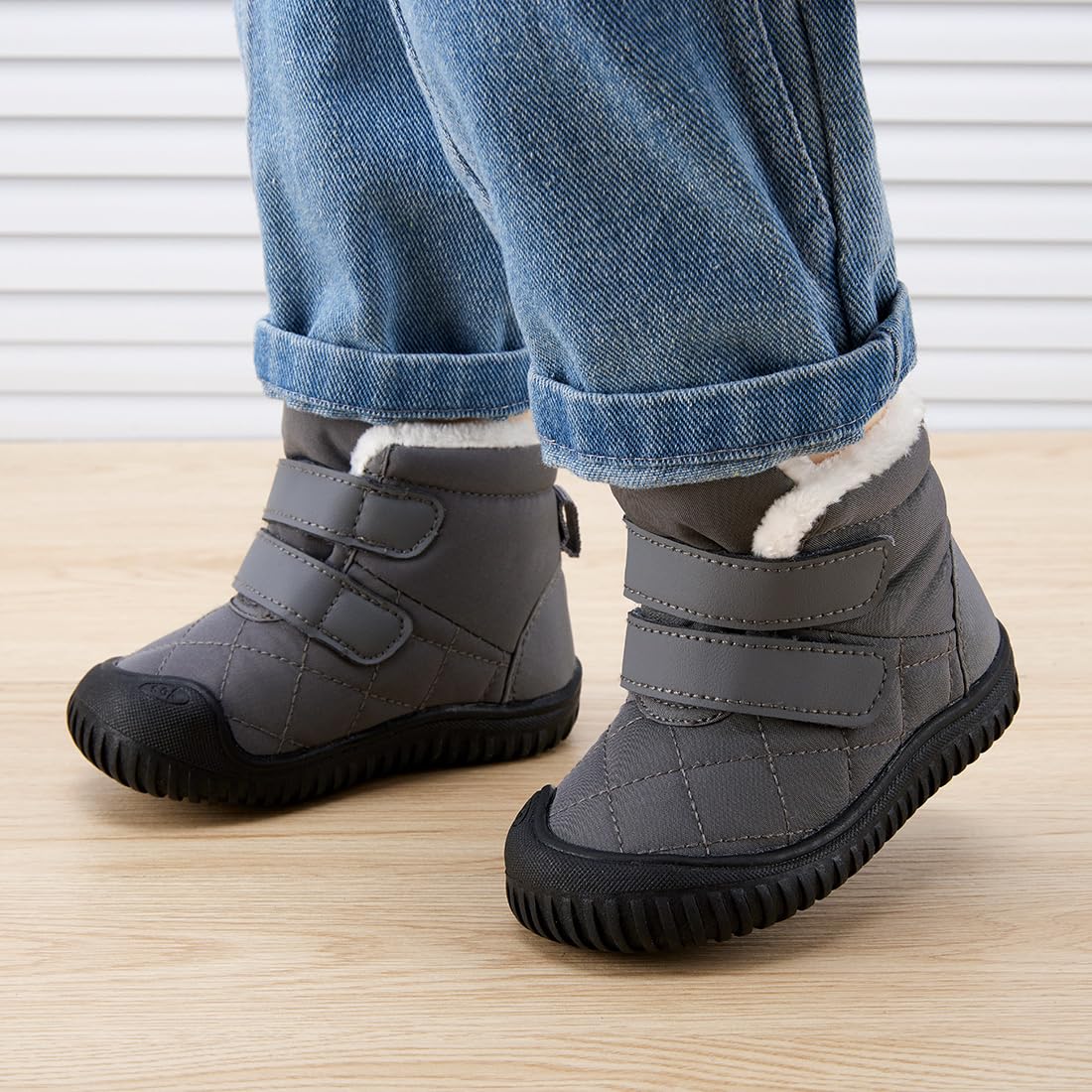 BMCiTYBM Toddler Baby Snow Boots Winter Two Strap Easy On Shoes Boys Girls Cold Weather Baby Faux Fur Shoes Grey Size 8