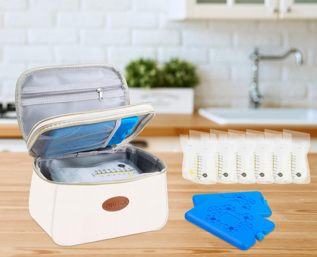PIIOSER Breast Milk Cooler Travel Bag with 2 Ice Pack, Fits 6 Freeze Breastmilk Storage Bags Up to 8Oz, Insulated Small Breastmilk Storage Cooler Bag for Breastfeeding Moms Daycare, Black(Cream-XS)