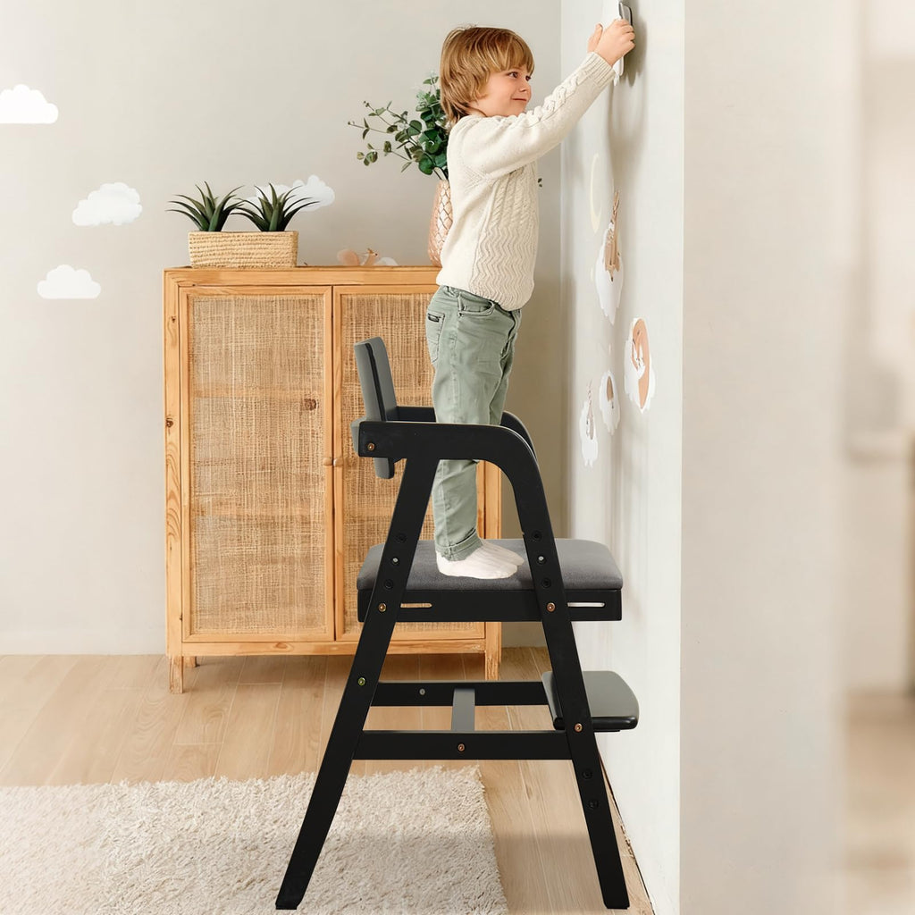 Leesinwing Wooden High Chair for Toddlers, Adjustable Feeding Chair, Black