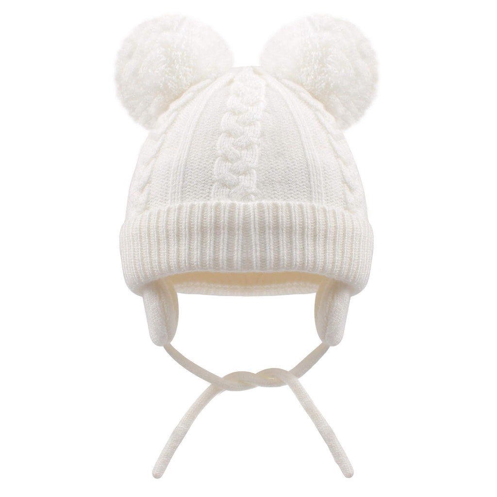 Duoyeree Toddler Winter Hat, Earflap Double Pom Pom Knit Beanie 0-36M