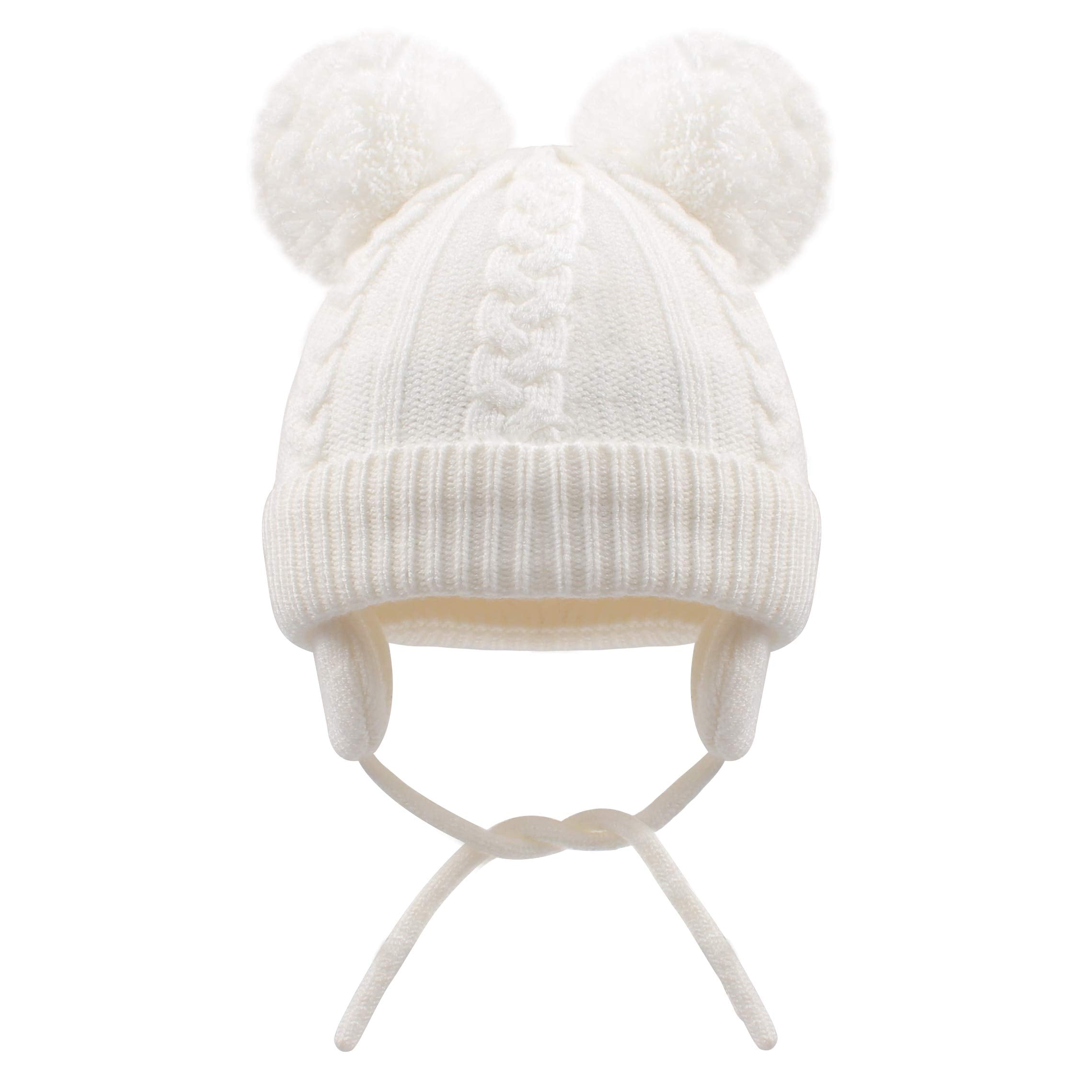 Duoyeree Toddler Winter Hat, Earflap Double Pom Pom Knit Beanie 0-36M