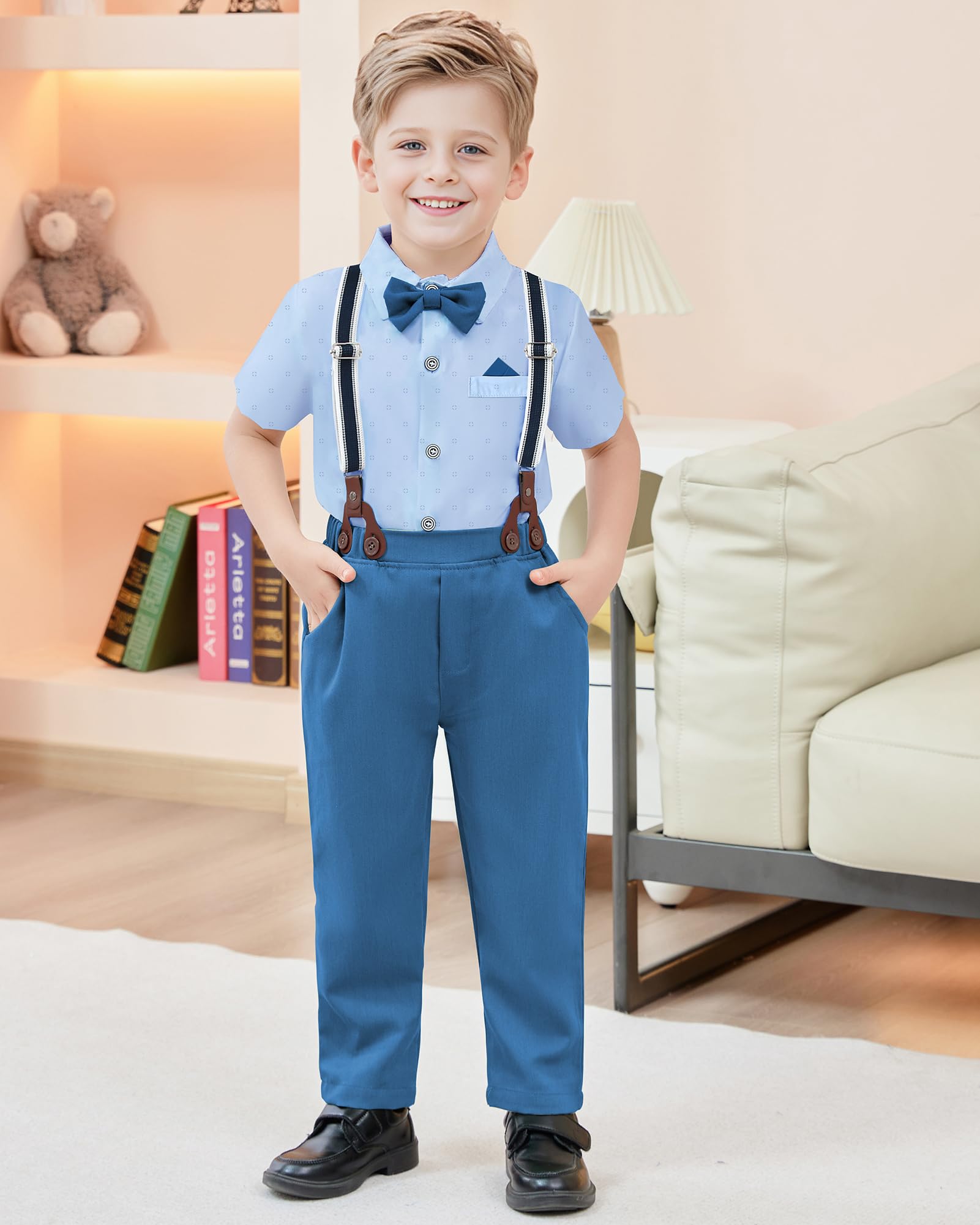 Boys Suit Boys Wedding Suit Blue Boy Dress Shirt with Bowtie/Suspender Pants Big Kid Gentleman Outfits 9-10 Years.