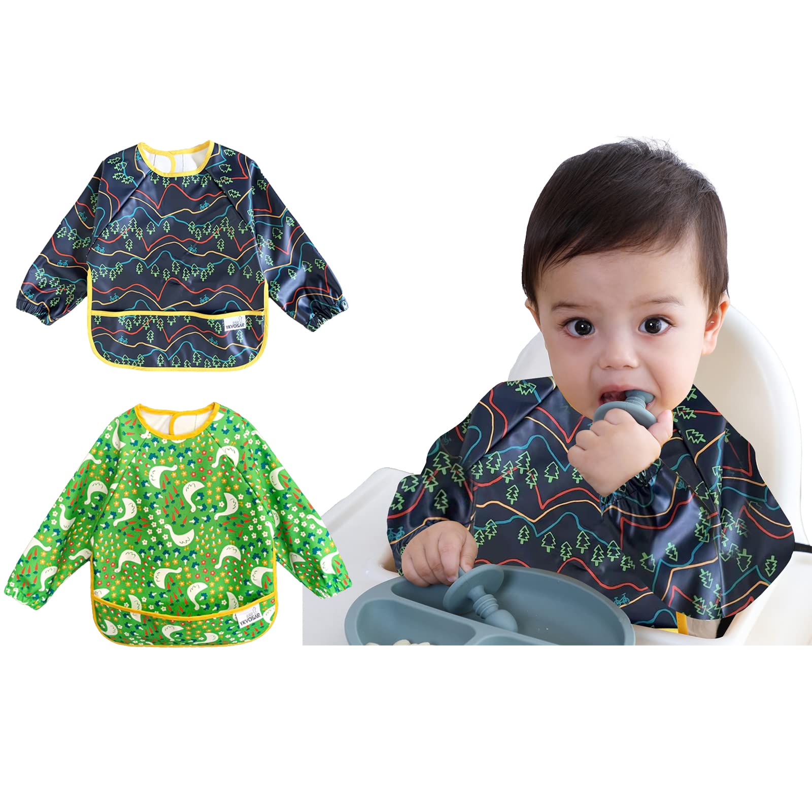 YKVOSAR 2 Pack Baby Bibs for Boy, Waterproof Bibs for Eating, Mess Proof Full Sleeve Bib for Toddlers, Fit Age 6-36 Months
