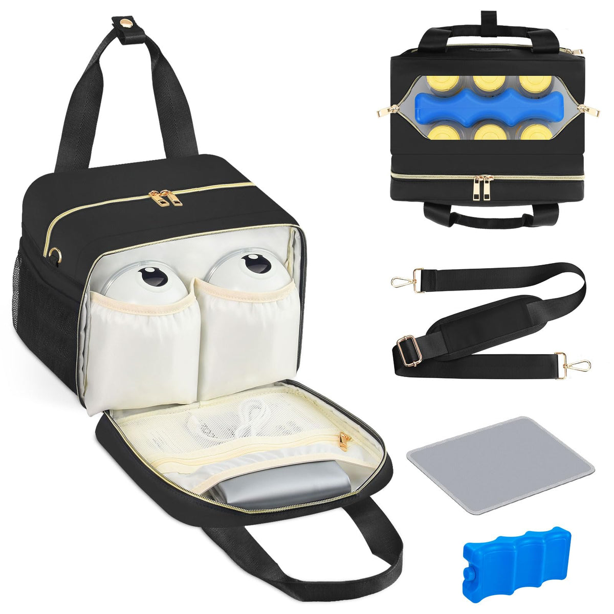 PIIOSER Breastmilk Cooler Bag with Ice Pack, Fits 6 Baby Bottles Up to 9 Ounce, Insulated Bottle Travel Bags with Shoulder Strap-Wearable Breast Pump Carrying Case for Nursing & Working Moms, Black