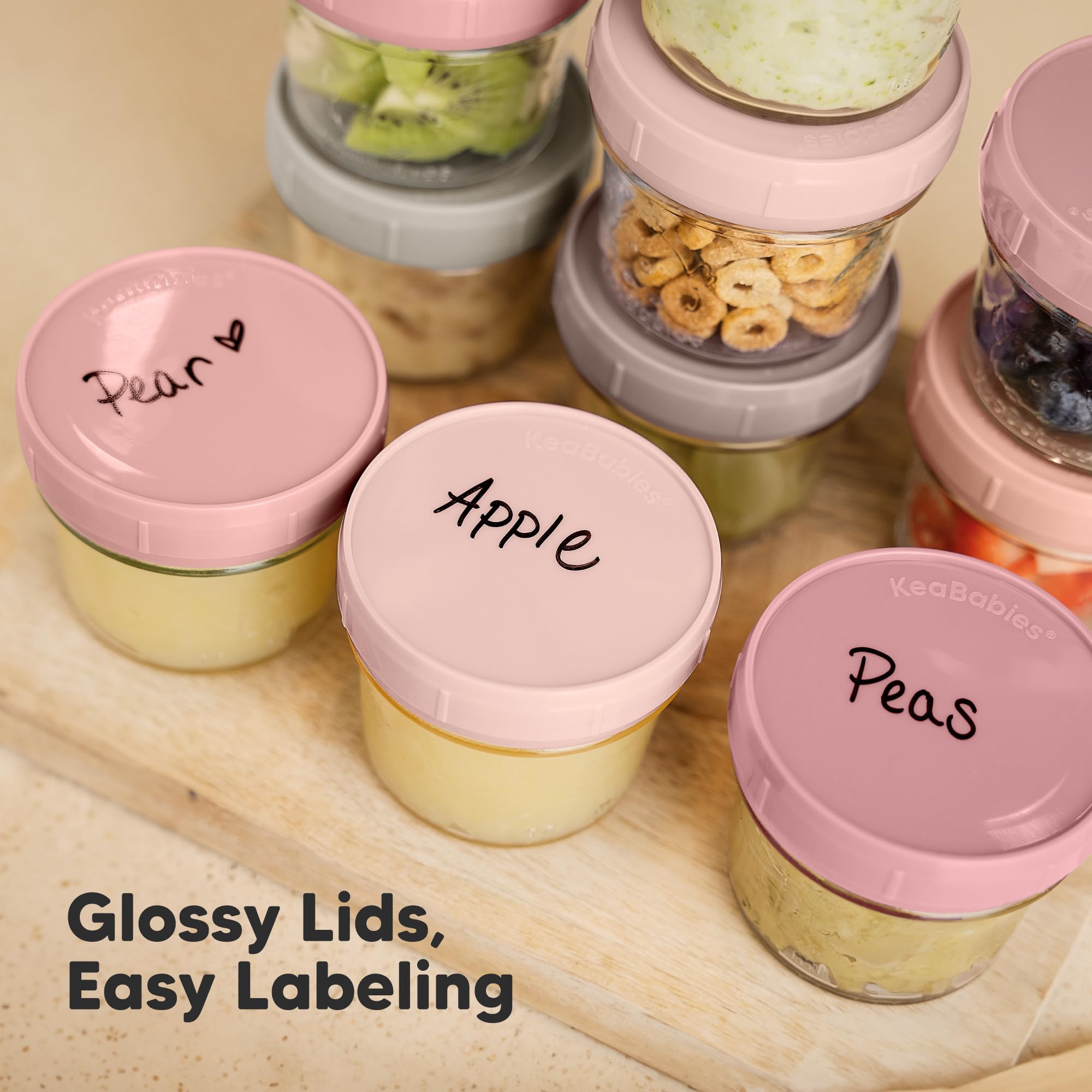 KeaBabies 12pk 4oz Glass Baby Food Containers with Lids, Leak-Proof (Roseate)
