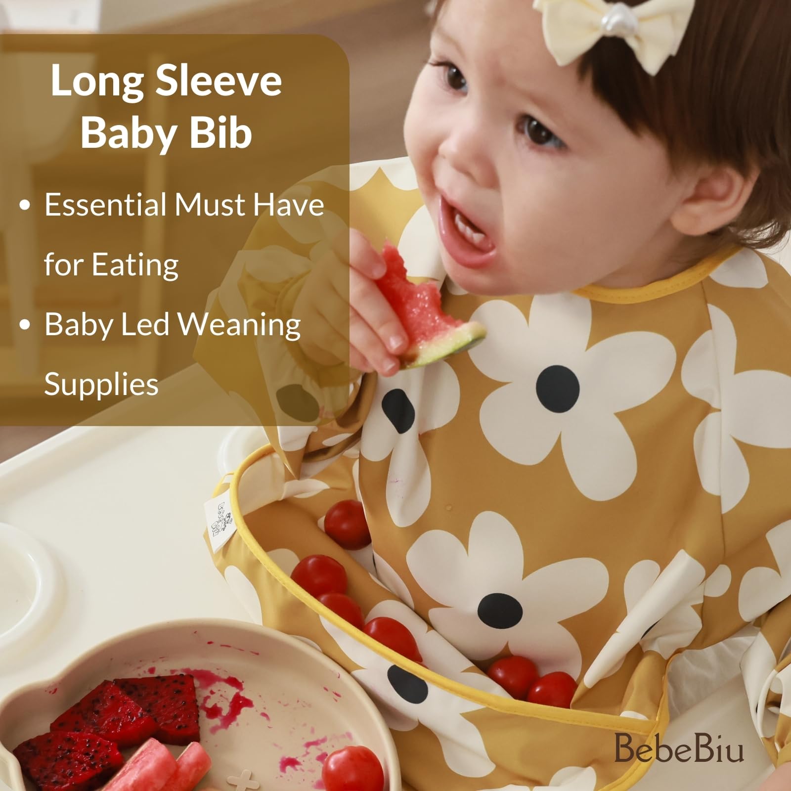 BebeBiu Long Sleeve Baby Bib, Waterproof Fabric, Full Coverage with Catch-All Pocket, Baby Smock Bib, Adjustable Sleeves Toddler bib for Ages 6-24 Months (Bows Blush, Small 6-24 Months)