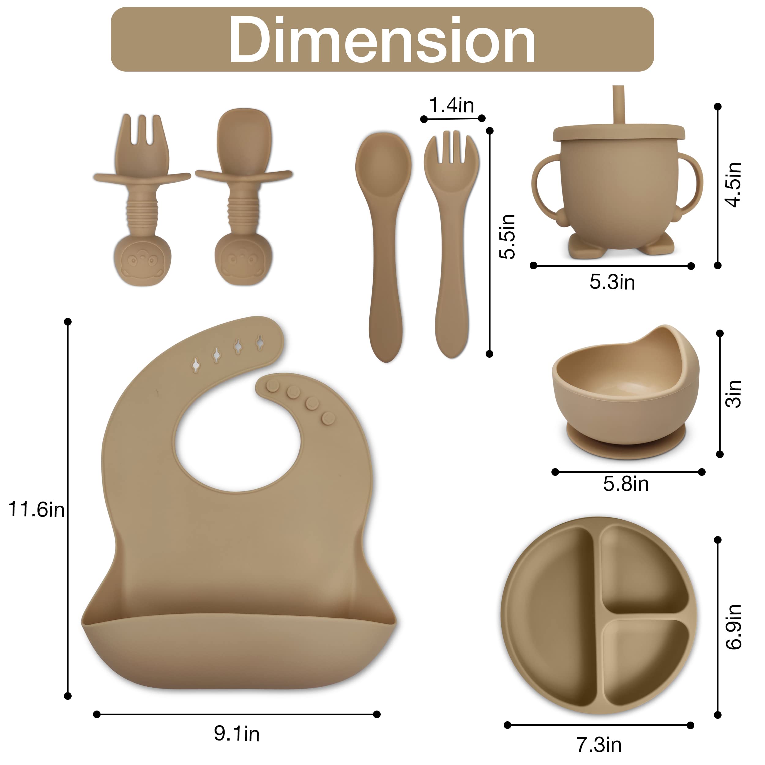 Mutualproducts - Baby Feeding Set 10-Piece | Baby Led Weaning Utensils Set Includes Suction Bowl and Plate, Baby Spoon and Fork, Sippy Cup, Straw, Lid & 2Bibs | Baby Feeding Supplies (B-Beige)