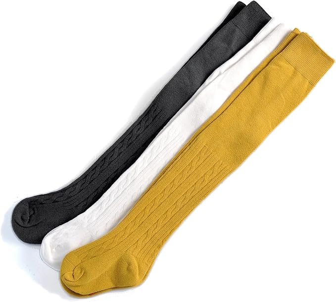 EPEIUS Baby & Toddler Girls Cable Knit Tights - Solid Cotton Stockings, Seamless Footed Leggings, 3 Pair Pack, Black/Gold/Ivory