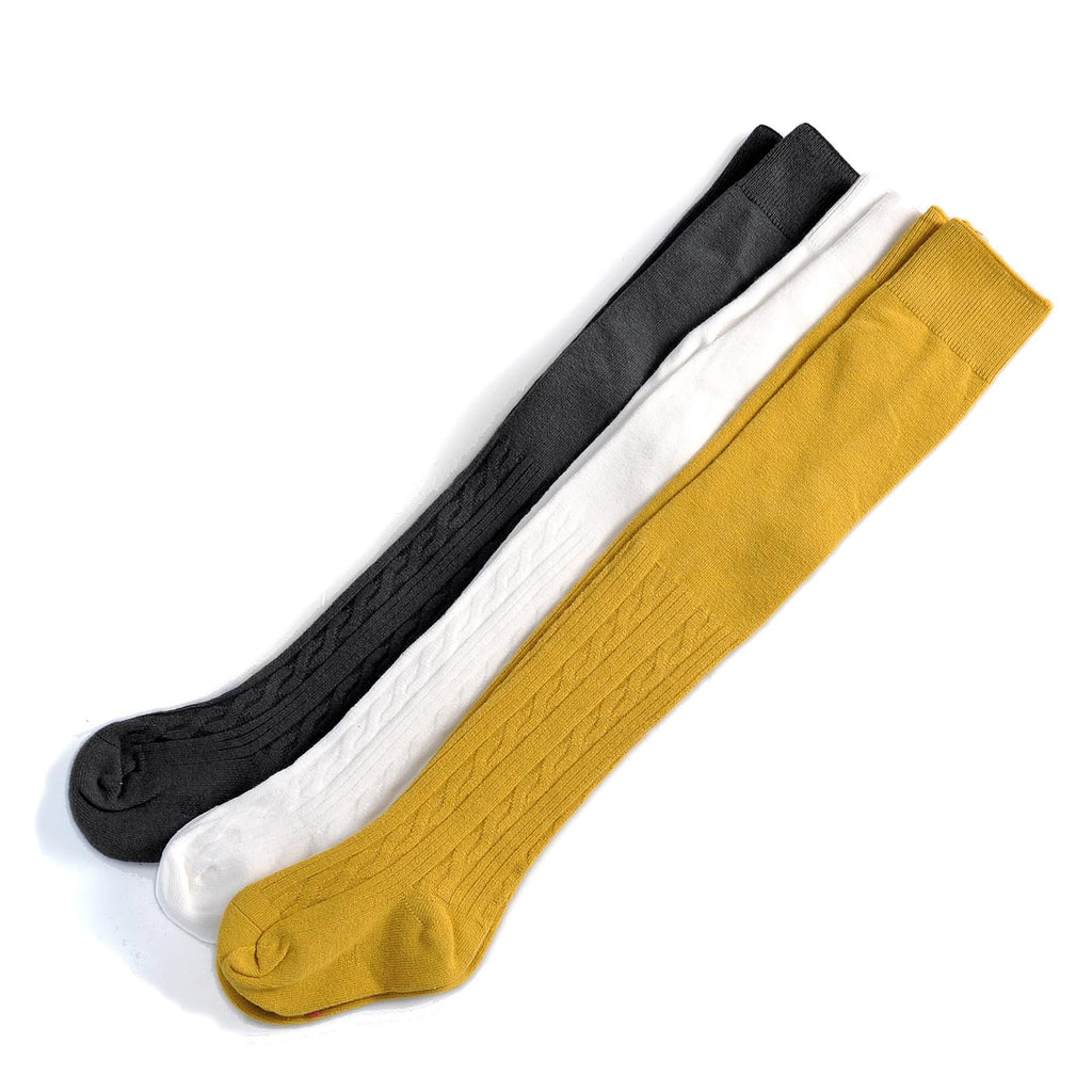 EPEIUS Baby Tights Toddler & Little Girls Cable Knit Tights Solid Cotton Stockings Seamless Footed Leggings Pantyhose Dress Tights Clothes 6-8 Years,3 Pair Pack,Black/Gold/Ivory