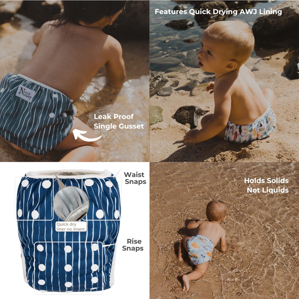 Nora's Nursery Reusable Swim Diapers and Wet Bag - One Size Fully Adjustable - Seaside Unisex 3 Pack with Wet Bag