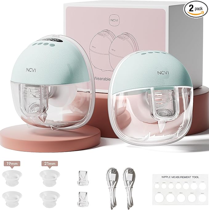 NCVI Wearable Breast Pump Hands Free, Portable Electric Breastfeeding Pump with 1400mAh Battery, Quiet Operation, Smart LED Display, 4 Modes & 9 Levels, 19/21/24mm Flanges, 2 Pack, Green