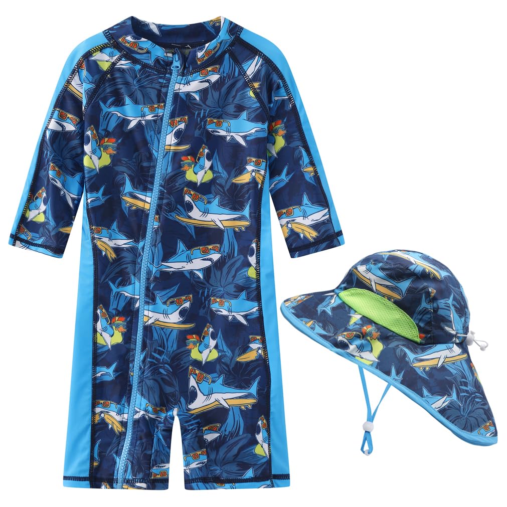 Toddler Baby Boys Swimsuit Rashguard One Piece Zipper Bathing Suit with Sun Hat Infant Swimwear Sunsuit UPF 50+（Surf Shark，18-24 Months）