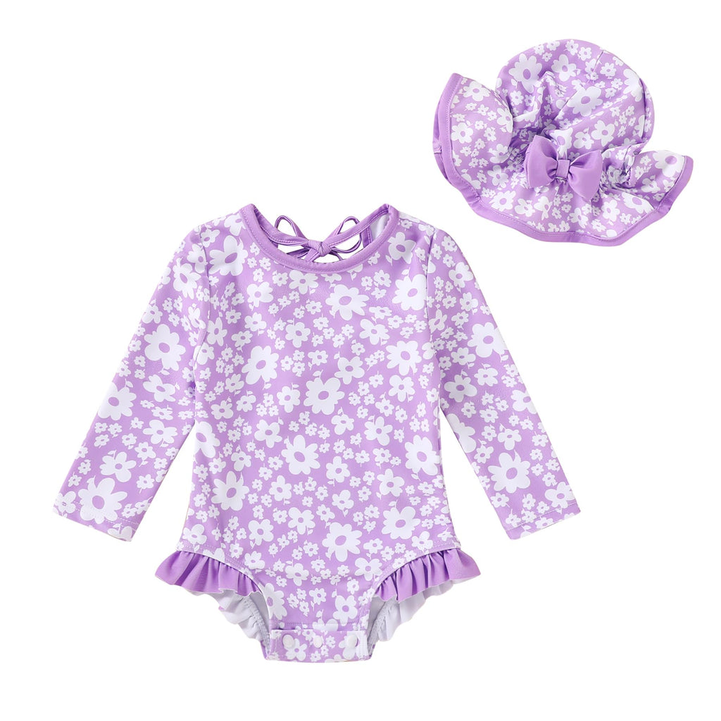 Infant Baby Girls Long Sleeve One Piece Swimsuit with Hat Floral Zipper Bathing Suit Leopard Beach Wear (Purple Floral Fragments，3-6Months)