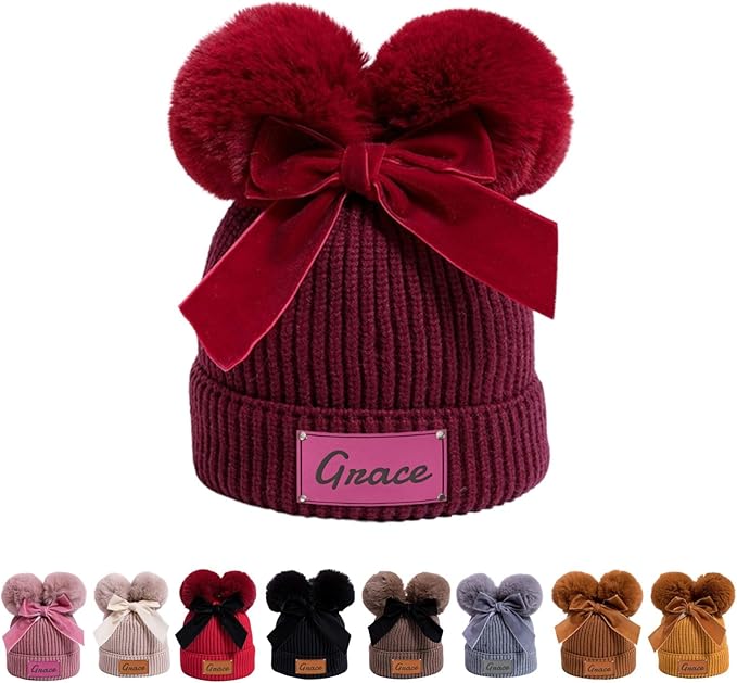 Personalized Toddler Beanie Hat with Bow - Custom Winter Pom Pom Beanies - Leater Patch Baby Warm Knit Hats