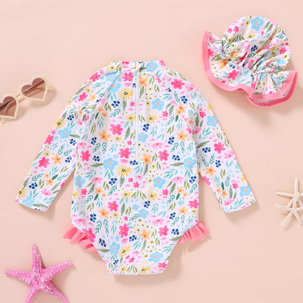 Infant Baby Girl Swimsuit One-Piece Long Sleeve Rash Guard with Hat Set Floral Zipper Bathing Suit Leopard Beach Wear(Plants, 6-12M)