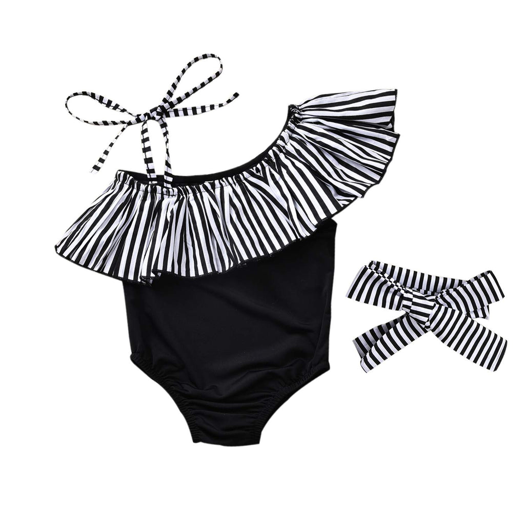 Baby Girl Hawaiian Ruffles Bikini One-Piece Swimsuit Beach Bathing Suit Floral Swimwear+Headband 2 Pcs Set (Black Strips, 6-12 Months)