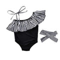 Baby Girl Hawaiian Ruffles Bikini One-Piece Swimsuit Beach Bathing Suit Floral Swimwear+Headband 2 Pcs Set (Black Strips, 6-12 Months)