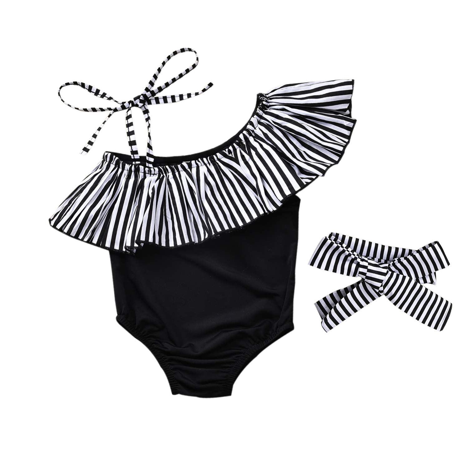 Baby Girl Hawaiian Ruffles Bikini One-Piece Swimsuit Beach Bathing Suit Floral Swimwear+Headband 2 Pcs Set (Black Strips, 6-12 Months)