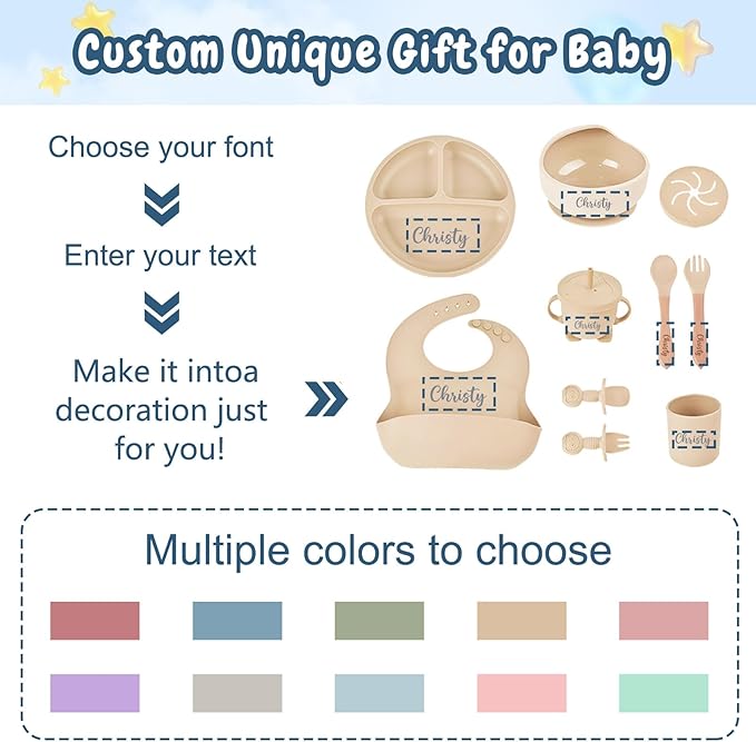 Personalized Silicone Baby Feeding Set with Name, Customized Baby Led Weaning Supplies Self Feeding Eating Utensils with Spoon, Fork, Silicone Suction Bowls, Cup, Plate Army Green